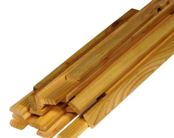 May include: A stack of unfinished, natural wood strips. The wood is light brown and has a smooth, even texture.
