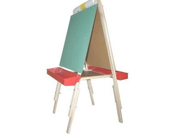 May include: A wooden easel with a green chalkboard, a corkboard, and two red plastic trays. The easel has a paper roll holder and adjustable legs.