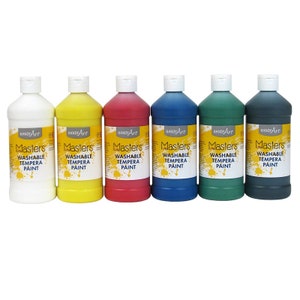 May include: Six bottles of Handy Art Masters Washable Tempera Paint. The bottles are arranged in a row from left to right: white, yellow, red, blue, green, and black.