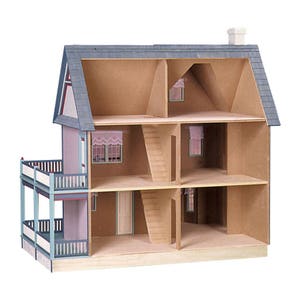 Rear inside view of finished 1 inch scale Victorias Farmhouse Dollhouse Kit by Real Good Toys. 3 story farmhouse, 33 in. tall x 34.5 wide, with up to 8 huge rooms.  Staircases and movable room dividers. Side opening access. Kit is unfinished.