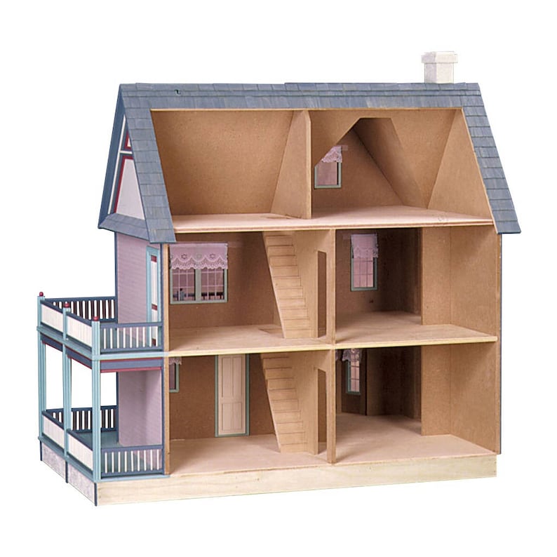 Rear inside view of finished 1 inch scale Victorias Farmhouse Dollhouse Kit by Real Good Toys. 3 story farmhouse, 33 in. tall x 34.5 wide, with up to 8 huge rooms.  Staircases and movable room dividers. Side opening access. Kit is unfinished.