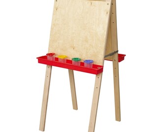 Easel, Double Sided Adjustable Kid's Art Easel with Plywood Art Surface and Red Trays