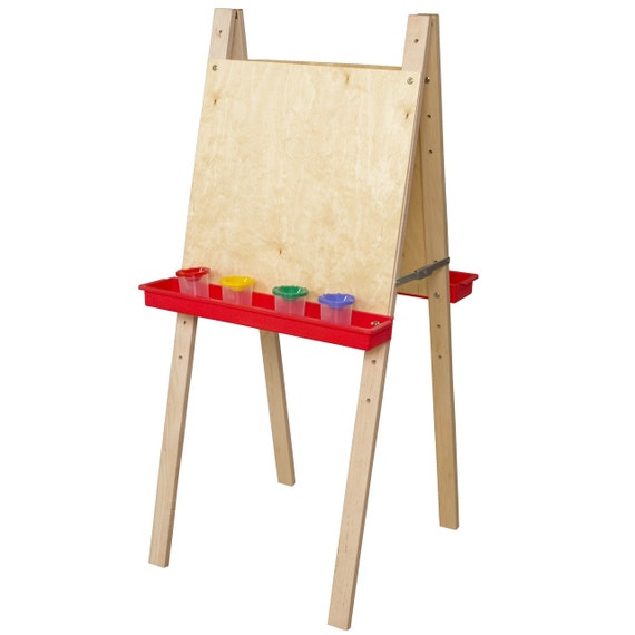 Easel, Double Sided Adjustable Kid's Art Easel with Plywood Art Surface and  Red Trays