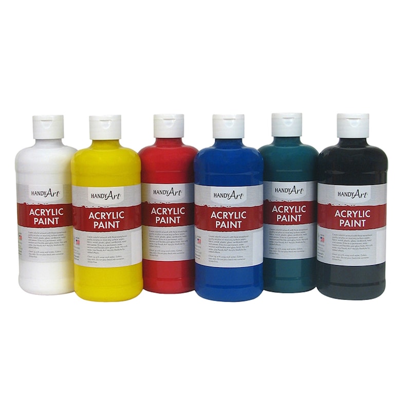 Puede incluir: Seis botellas de pintura acr&iacute;lica Handy Art en blanco, amarillo, rojo, azul, verde azulado y verde oscuro.
