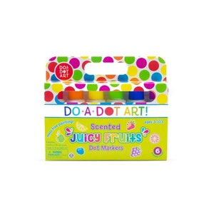 May include: A colorful box of Do-A-Dot Art scented juicy fruits dot markers. The box has a handle and is decorated with colorful dots. The markers are in a variety of colors and are scented with different fruit flavors. The box is labeled with the text "Do-A-Dot Art! Scented Juicy Fruits Dot Markers" and "Ages 3-103".
