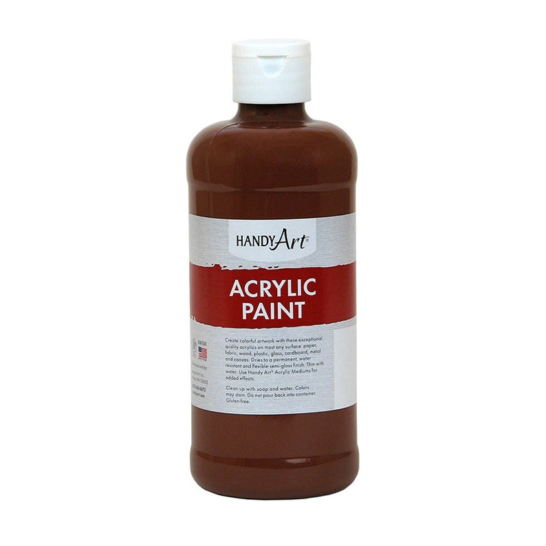Pode incluir: Uma garrafa marrom de tinta acr&iacute;lica Handy Art. A garrafa tem uma tampa branca e um r&oacute;tulo com o nome da marca e o nome do produto.