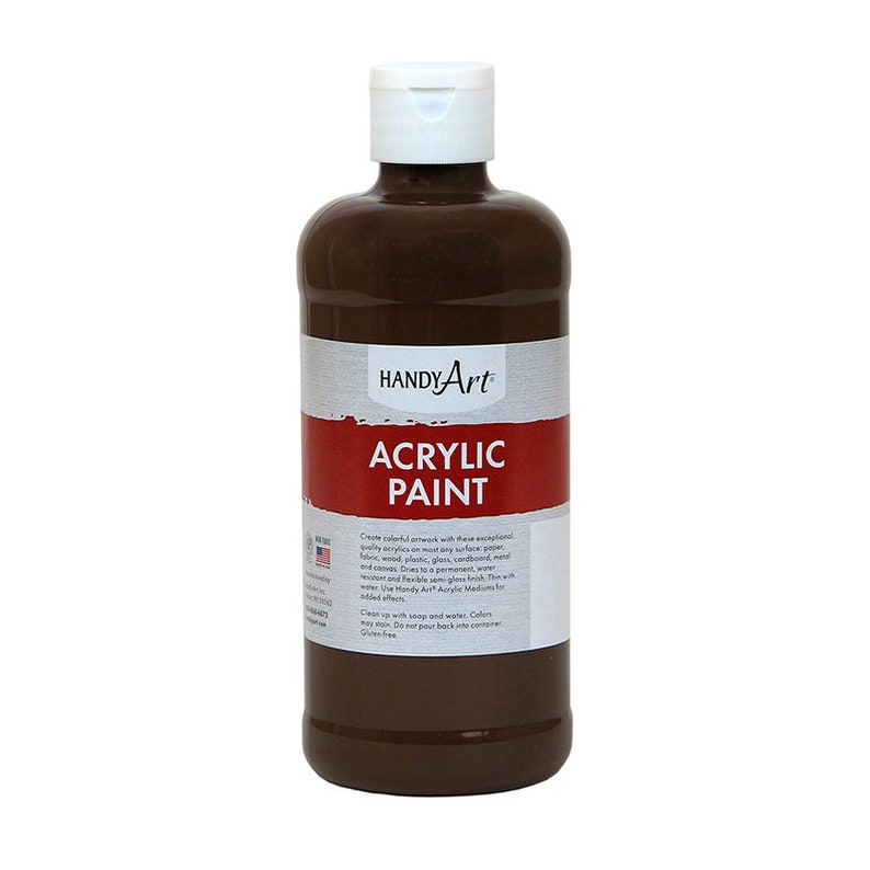 Pode incluir: Uma garrafa marrom de tinta acr&iacute;lica Handy Art. A garrafa tem uma tampa branca e um r&oacute;tulo que diz "Handy Art Tinta Acr&iacute;lica". O r&oacute;tulo tamb&eacute;m inclui instru&ccedil;&otilde;es para usar a tinta.
