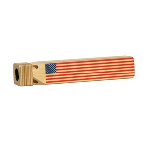 May include: A wooden whistle with an American flag design. The whistle is brown and has a small hole on one end.