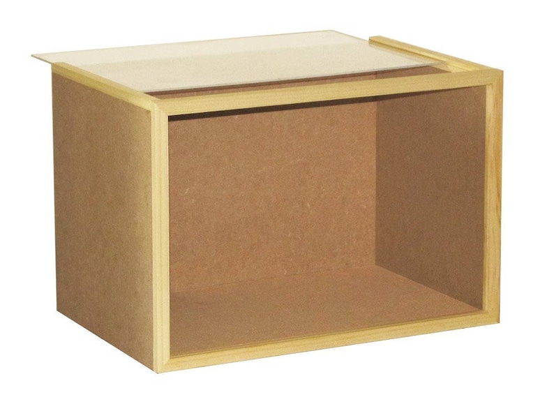 May include: A wooden display case with a clear acrylic top. The case is made of light wood and has a natural finish. The case is empty.
