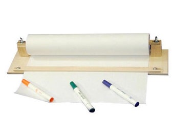 May include: A wooden roll-up paper holder with a white paper roll and three markers: orange, green, and blue.