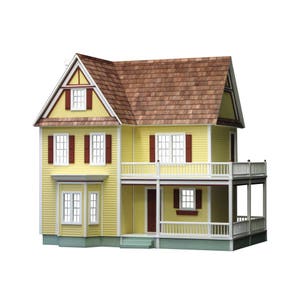 Front view of finished 1 inch scale Victorias Farmhouse Dollhouse Kit by Real Good Toys. 3 story farmhouse 33 in. tall x 34.5 wide. Milled clapboard exterior, wrap around porch, wooden roof shingles. Side opening access. Kit is unfinished.