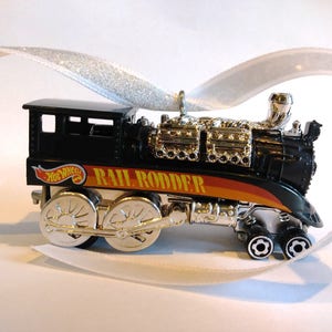 Train Ornament, Christmas Ornament, Hot Wheels Ornament, Train Party Favor, Train Party Decoration, Train Gift - Black w/ Chrome Wheels