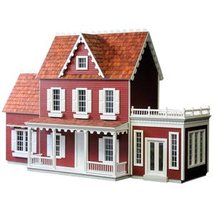 Finished 1-inch scale Vermont Farmhouse Jr. Dollhouse Kit by Real Good Toys. Conservatory and 2-story addition attached and sold separately. Front view, painted red with white trim. Main house is 3-stories, 29.4 in H x 24.25 W. Kit sold unfinished.