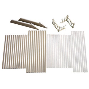 May include: A set of wooden dollhouse stairs with railings. The stairs are made of thin, light brown wood strips and come in multiple pieces. The railings are also made of wood and are painted white.