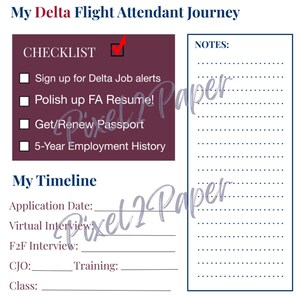 May include: A printable checklist and timeline for aspiring Delta Flight Attendants. The checklist includes items like signing up for job alerts, polishing a resume, and getting a passport. The timeline includes sections for application date, virtual interview, F2F interview, CJO, training, and class.
