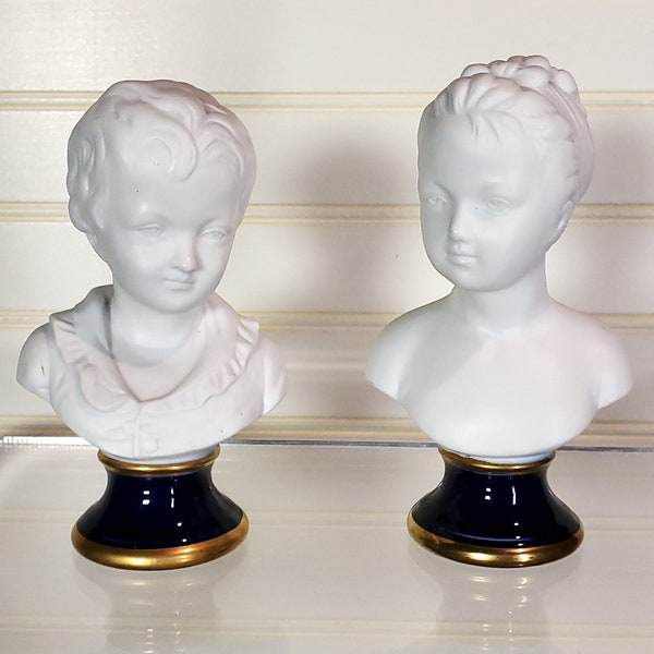 Pair of two French Parian-ware miniature busts, Louise & Alexandre Brongniart, Porcelain bisque, Cobalt blue glazed bases, gold gilded trim