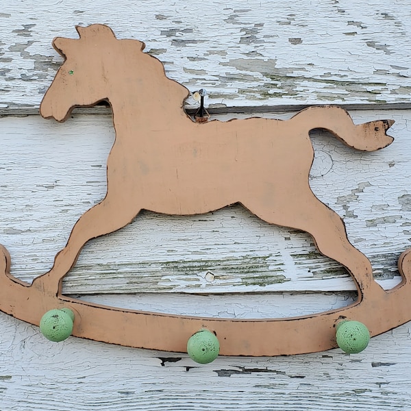 Wooden rocking horse, wall hook/wall hanging, Pink and green painted, nursery/baby gift, Country primitive, Cottagecore, jewelry rack