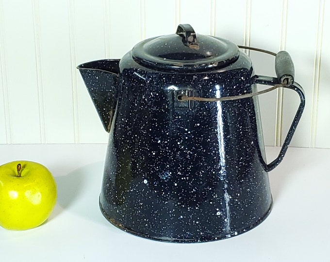 Large Cowboy Coffee Pot, Vintage Classic Enamelware Coffeepot, Blue