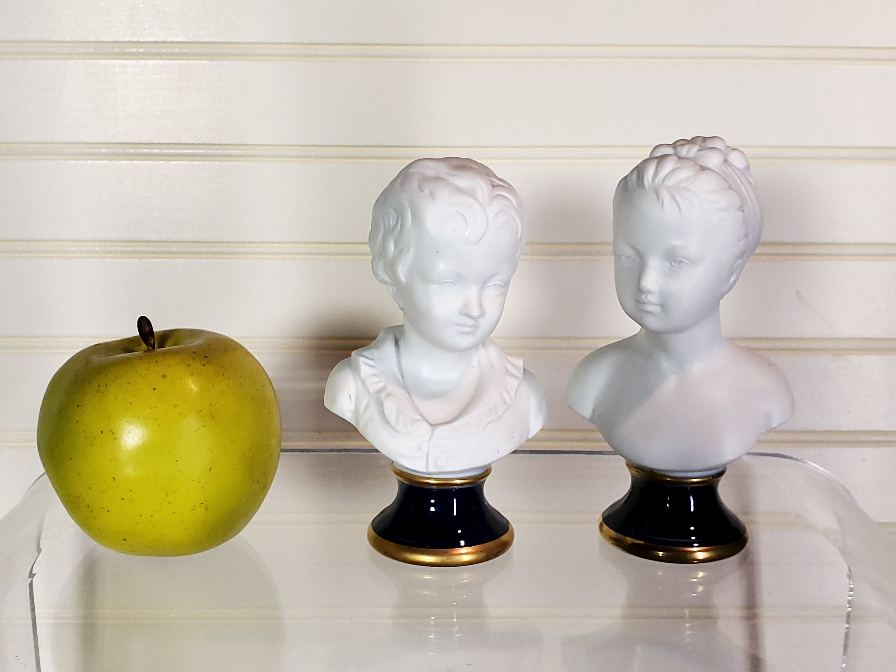 Pair Of Two French Parian-Ware Miniature Busts, Louise & Alexandre Brongniart, Porcelain Bisque, Cobalt Blue Glazed Bases, Gold Gilded Trim