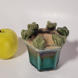 May include: A ceramic planter with six green frog figurines around the rim. The planter is teal and brown with a hexagonal shape. A yellow apple sits to the left of the planter.