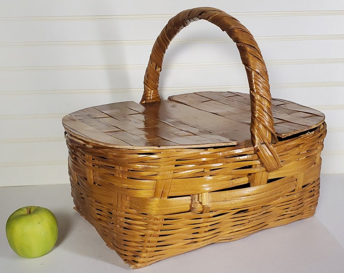 Split Reed Basket Large Market Basket, Split Reed Basket, Handle & Hinged Double Lid ...