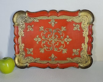 Vintage Italian Florentine tray, Red-orange gilded cocktail tray, Made in Italy, Ornate baroque style, Molded resin or acrylic composite