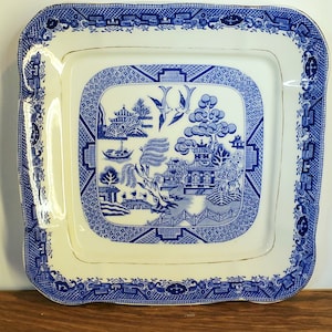 Antique Flow Blue China Plate: 1800s Bridgewood Blue Willow Chinoiserie