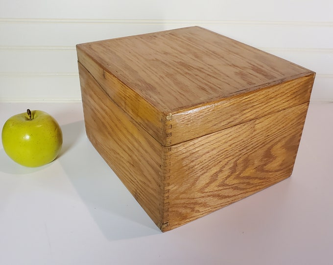 Vintage 60's Oak Wood File Box, Wooden Box With Brass Hardware, Made in