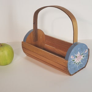 Wood Folk Art basket, organizer bin, 1980s tole painted floral basket/box with handle, mail holder, coupon/recipe file