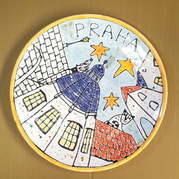 Praha/Prague 11" Wall Art ceramic Plate, Vintage Czechoslovakian Pottery, Hand painted, glaze finish, "DaTo" Keramika Mariz, post modern art