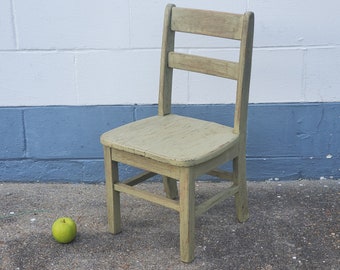 Antique/vintage child's chair/school chair, Green painted oak wood chair, 1930s-50s kid's chair/Student chair, Weathered finish, aged patina