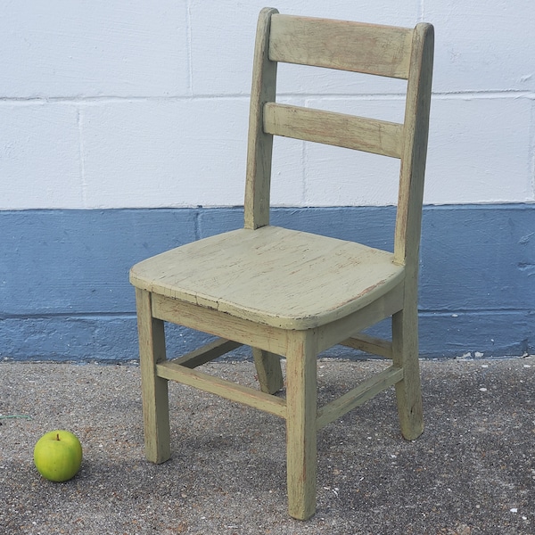 Antique/vintage child's chair/school chair, Green painted oak wood chair, 1930s-50s kid's chair/Student chair, Weathered finish, aged patina