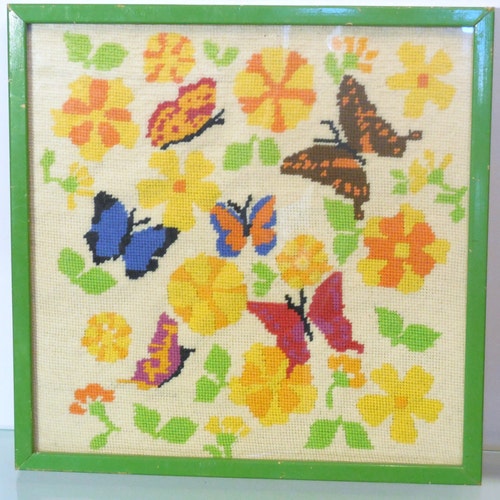 MOD 1960s Wall Art, Flower Power Butterfly Popart, Colorful Framed Needlepoint,