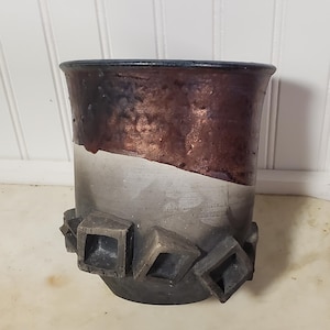 Vintage Raku art pottery vase, Hand signed, Brutalist style, Industrial design, Metallic glaze, Hand thrown w/ applied geometric shapes