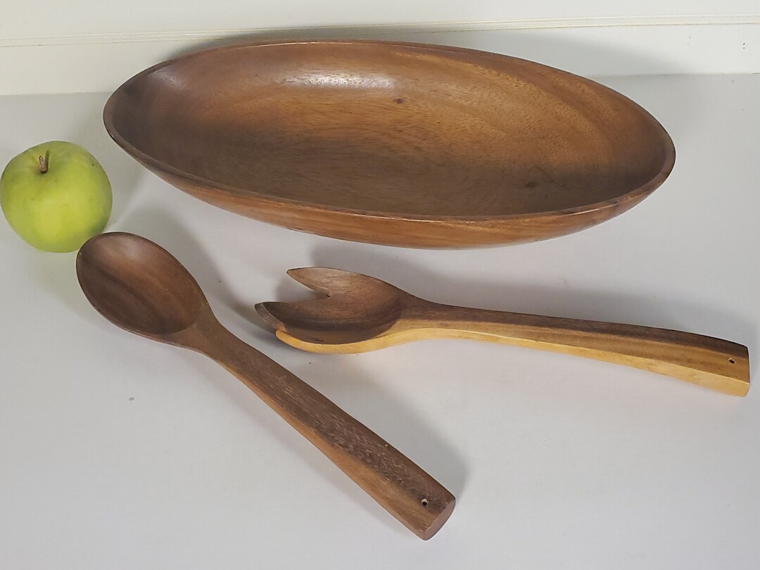 Mid Century Wooden Salad Server Set, Contemporary 3 Pc Serving Set