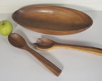 Mid Century wooden salad server set, Contemporary 3 pc serving set, Oval bowl w/ fork & spoon, by "Gift Ideas, Phil. PA"(stamped on bottom)