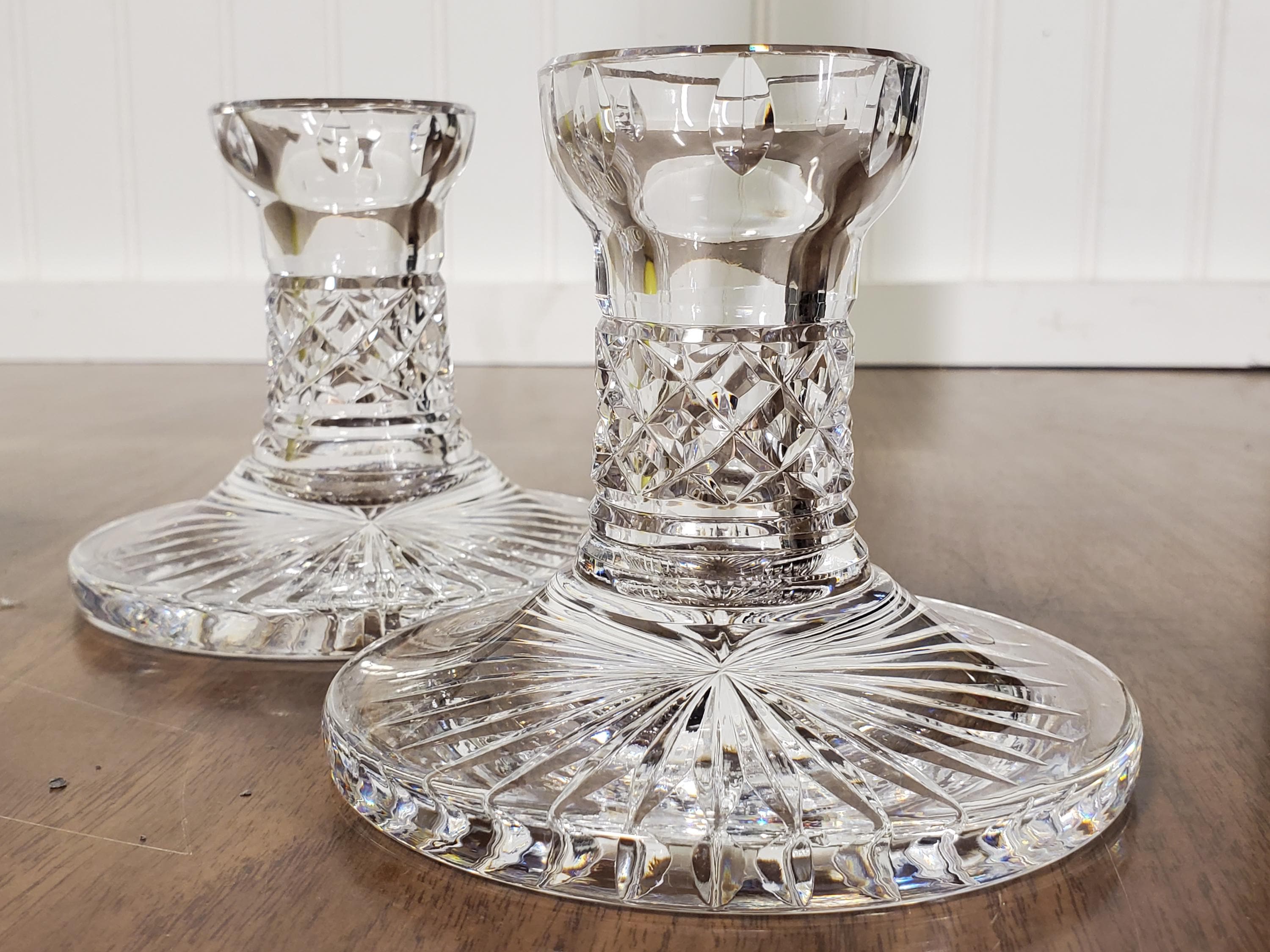 Waterford pair, hand-cut crystal candle holders, "Giftware" pattern, Vintage Anglo-Irish design, Classic diamond cut tapered candle holders