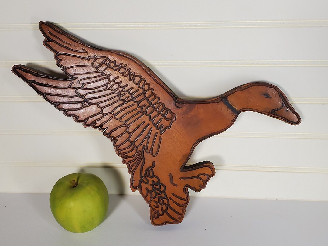 Wooden Duck Wall Hanging, Handmade Folk Art Flying Duck Silhouette With Wood Burned Details