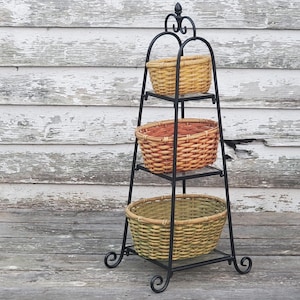 Vintage 3 tiered basket shelf, Black metal frame, glass shelves & wicker baskets, Organizer storage for kitchen/bathroom/bedroom/craft room