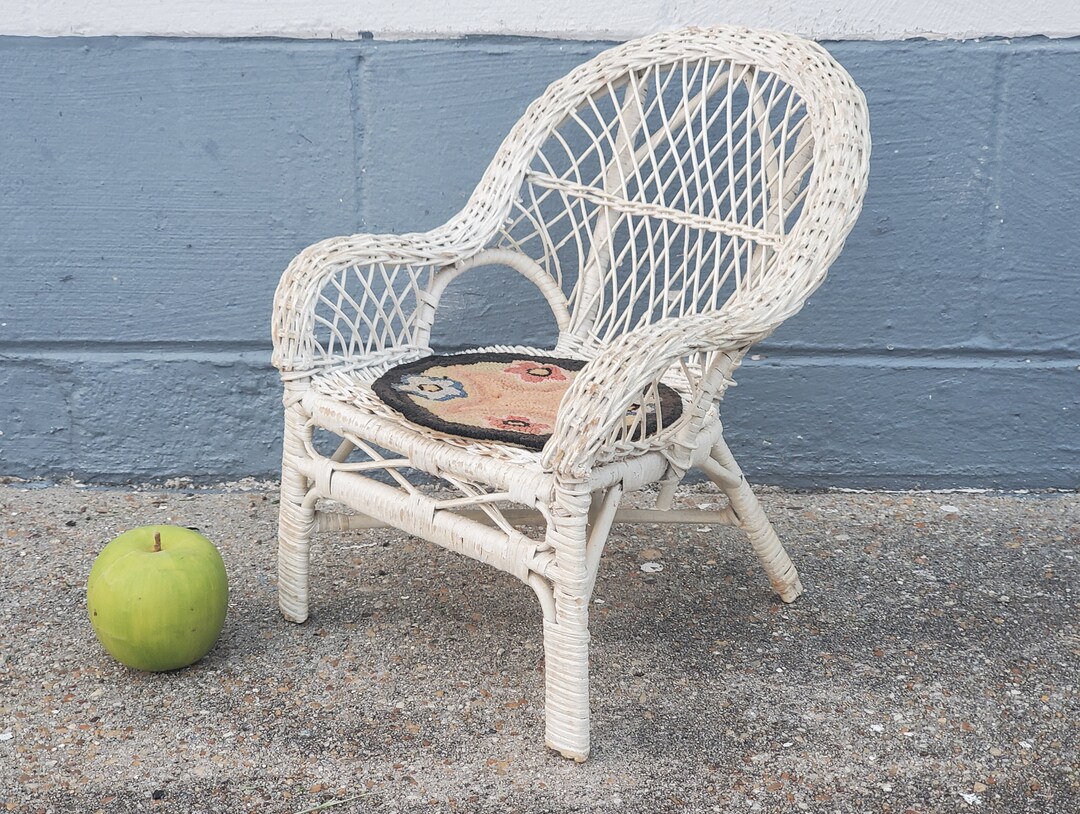 Antique/vintage White Wicker Doll Chair With Petit Point Seat Pad