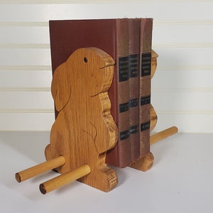 Oak Wood Rabbit Bookends/adjustable Book Rack, 1980's Wooden Bookend ...