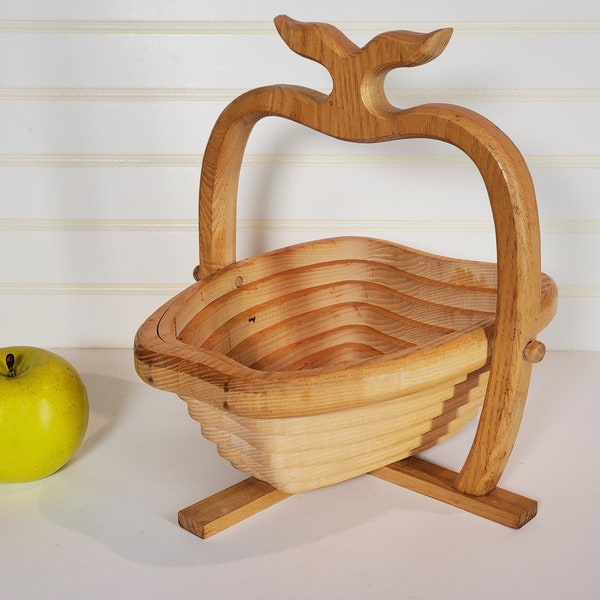 Oak wood collapsible apple basket, trivet, Scroll-cut apple shape, Folk art, Wooden folding/collapsing basket, Handcrafted by K. Davis