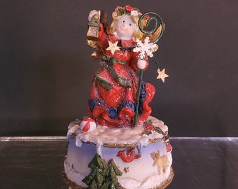 1990&#39;s Christmas music box, Vintage Cast resin angel rotates, & plays tune &#39;&#39;Hark! The Herald Angels Sing&#39;&#39;, Hand painted w/ applied glitter