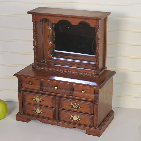 Vintage large jewelry chest, 1970s-1990s Wooden dresser box/vanity box, Wood chest of drawers with mirror, 4 hooks, 7 drawers, & brass pulls