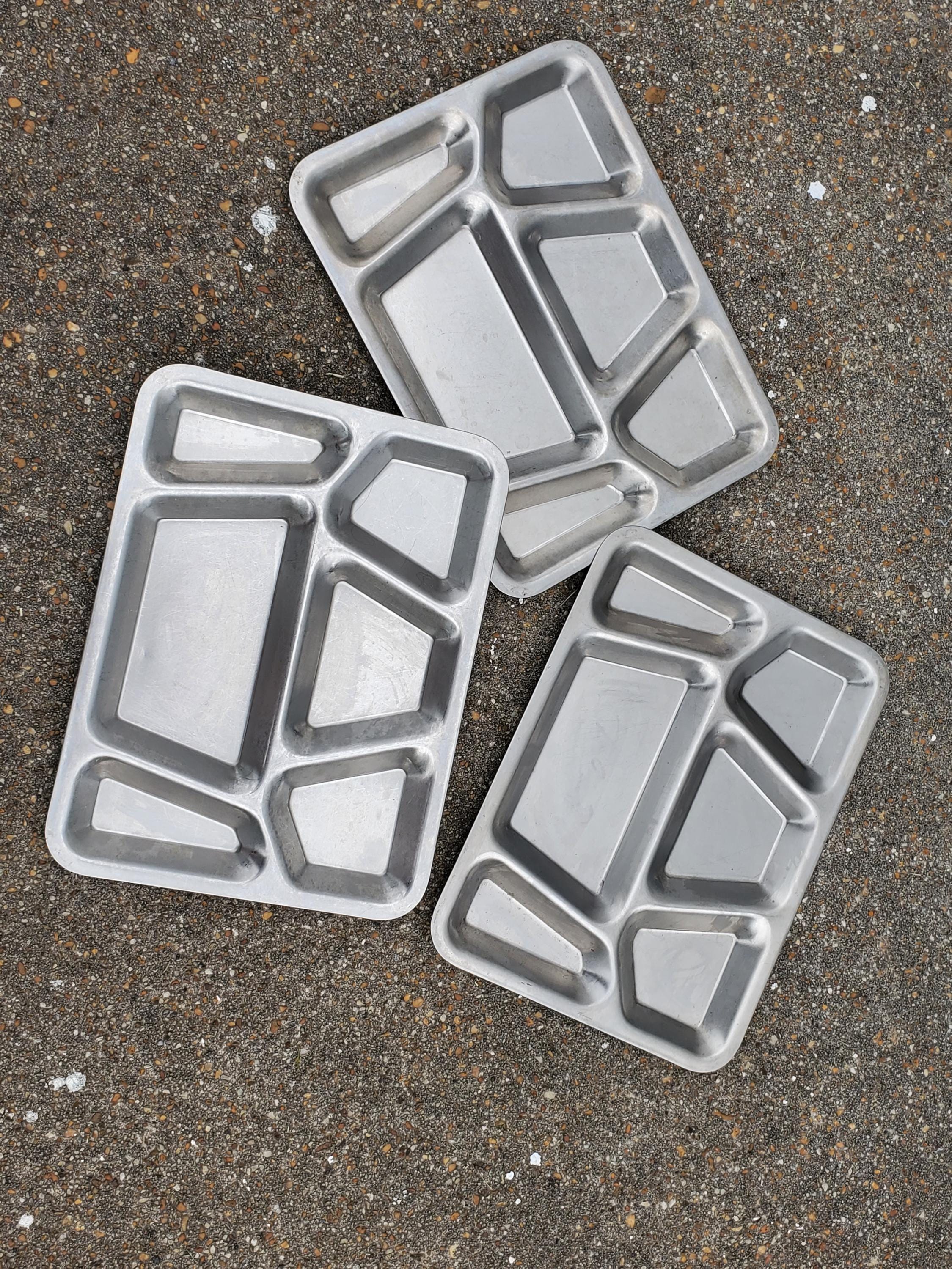 1940s WWII Mess Hall Trays: Set of 3 Nickel-plated Aluminum (1945