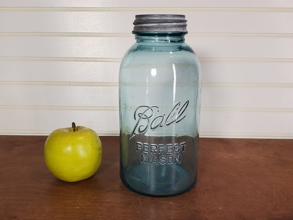 1930's Atlas ball Perfect Mason'' Jar, Depression Era Canning Jar W/  Screw-on Metal Lid, Antique/vintage Large Canister, Blue-green Glass 