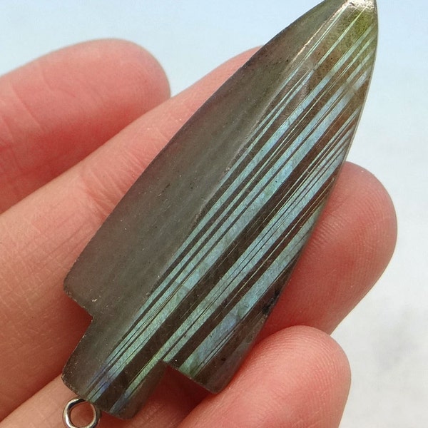 Carved Labradorite Pendant, Lots of Flash, Flashy, Blue Labradorite, Gray Labradorite, Arrow Head Shaped, Tribal Jewelry, Gemstone Supplies