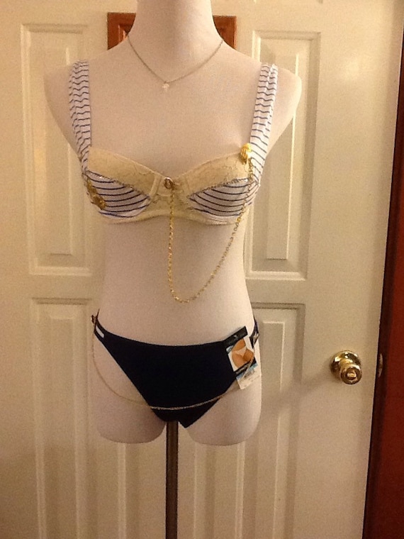 Cute Little Sailor Lingere Set 34A Rampage Bra, Small Vanity Fair Panties.  Both Hand Bedazzled. 