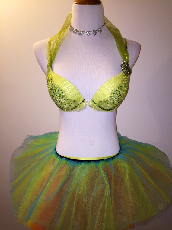 Green Fairy EDC Raving Costume 34B Bra, Tutu, Panties M and Thong