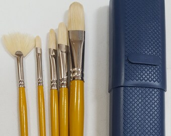 5 pcs Tobgi Artist Quality Brush Set White Bristle Hair Oil-Acrylic Long handle Plus Brush Case